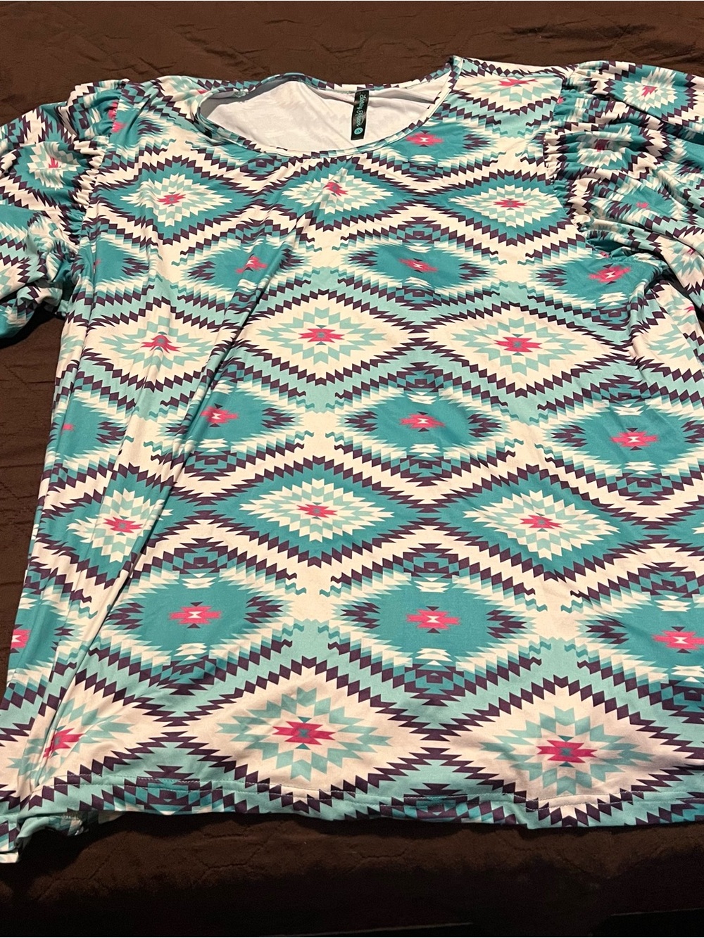 Sterling Kreek Women's Plus Aztec Puff Sleeve Tunic - Teal & White 3X